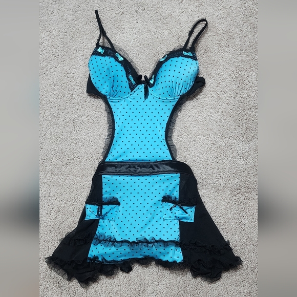 Native Intimates Women's Size M (36B) Lingerie Blue Black Polka Dot Bows Frills - Picture 2 of 6